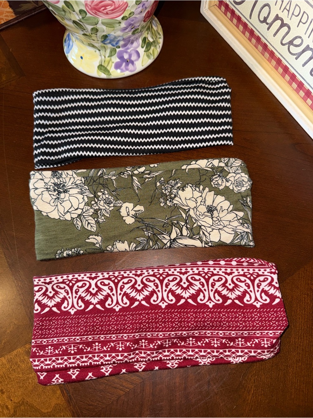 Set of 3 Women's Stretch Headbands - Black, Olive Floral, Red Pattern
